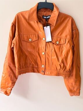 DKNY Faux Leather Cropped Jacket - Caramel Orange - Size Small